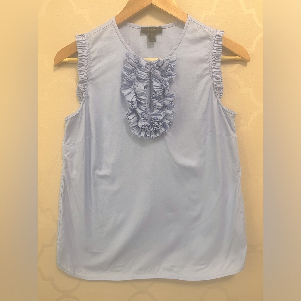 J. Crew Sleeveless Top with Ruffle Front, Light Blue, Size 4P
